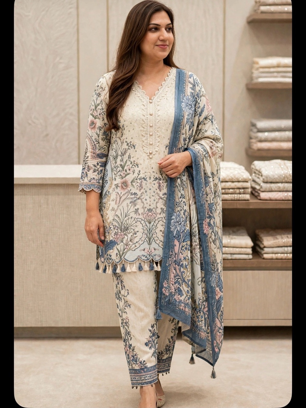 Elegant Floral Cream & Blue Cotton Women's Tunic Set